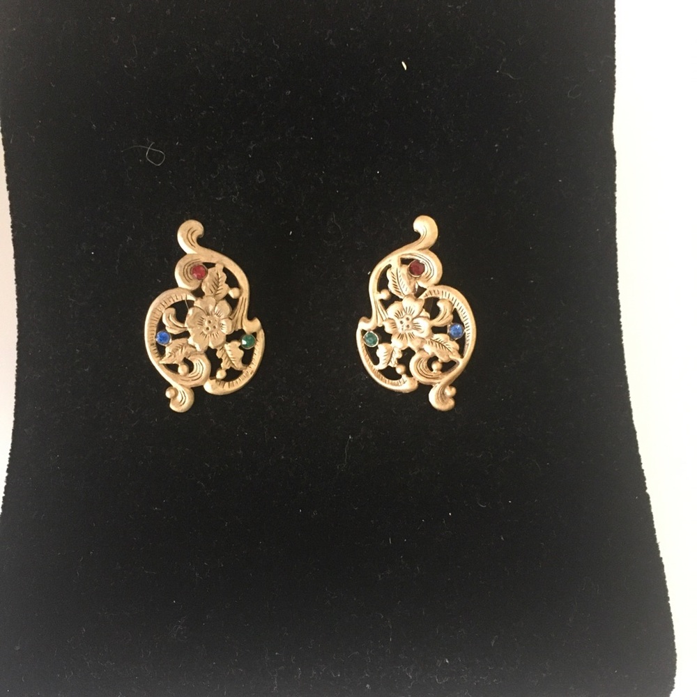 Elegant Gold Colored Clip On Earrings with Multicolor Accents